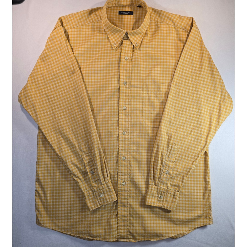 Burberry London Mens Yellow Gingham Check Button Down Shirt Long Sleeve Size L